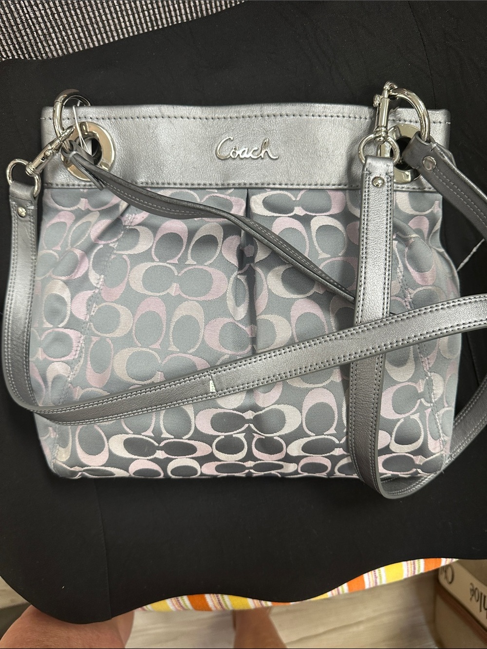Coach Silver Gray Signature Jacquard Crossbody with Pale Pink Accents